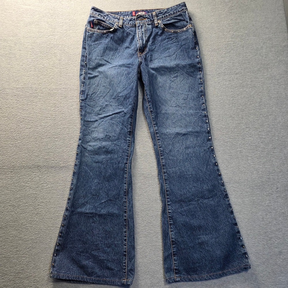 Bongo‎ Womens Size 9 Low Rise Flare Jeans Blue Studded Side Seam Cotton Wide Leg